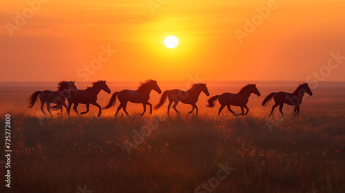 Free horses, left to nature at sunset