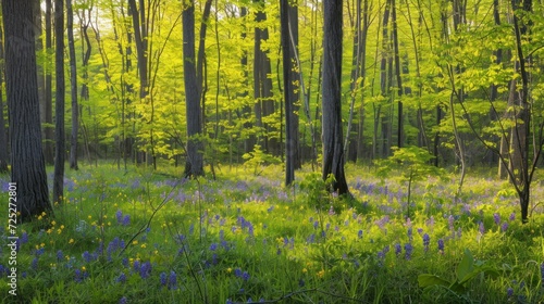 a lush green forest filled with lots of trees and blue and yellow flowers in the middle of a lush green forest filled with lots of trees and blue and yellow flowers in the middle.