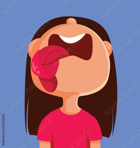 Little Girl with Tied Tongue Vector Cartoon Illustration. conceptual image of a Child having difficulties to talk 