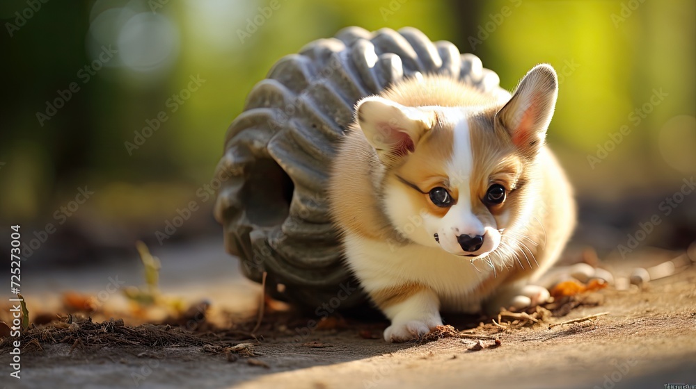 A roly-poly corgi pup trying to chase its tail.