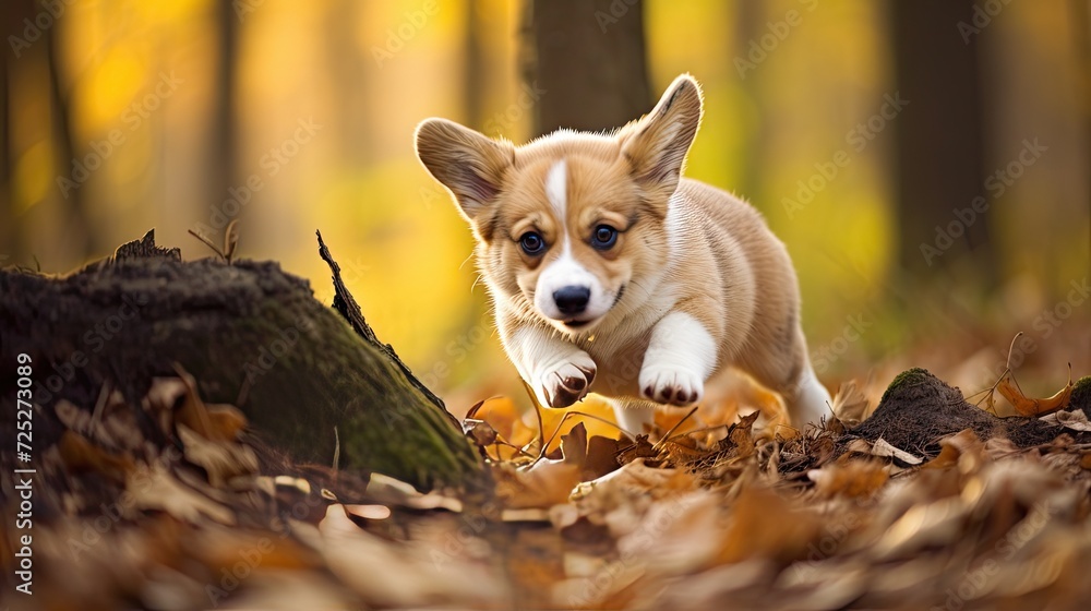 A roly-poly corgi pup trying to chase its tail.