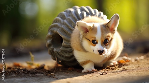 A roly-poly corgi pup trying to chase its tail. photo