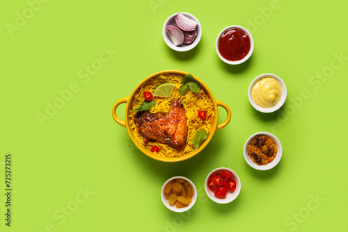 Bowl of traditional chicken biryani with ingredients on green background