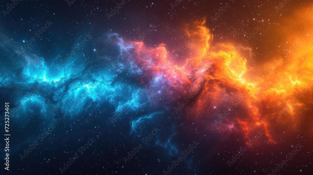  a colorful space filled with stars and a bright orange and blue star in the center of the space with a black background.