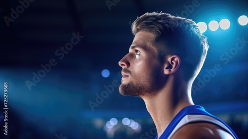 Male basketball player with cinematic blue lighting in stadium, side view of basketball player.