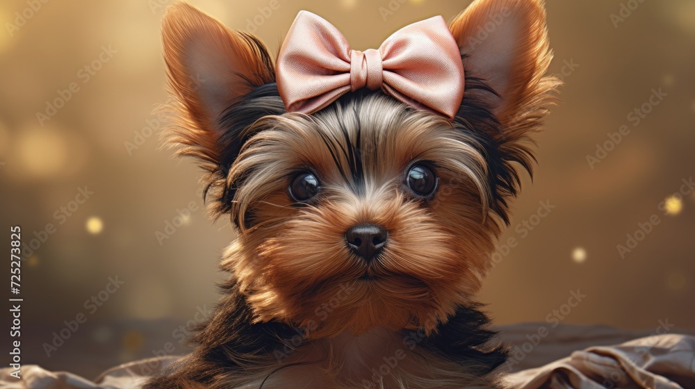 Naklejka premium A playful Yorkshire terrier pup with a stylish bow on its head.