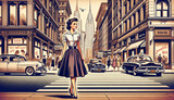 vintage-style illustration of a young woman walking through a New York street