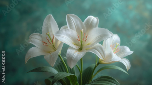 Elegant White Lilies Blossom Against Moody Aquatic Toned Background 