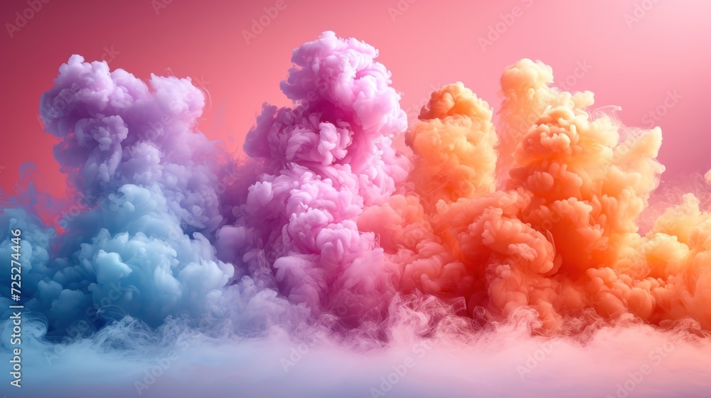  a group of multicolored clouds of smoke on a pink and blue background with a pink sky in the background.