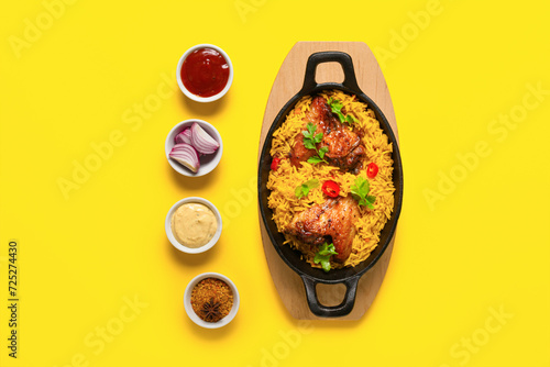 Baking dish of traditional chicken biryani with ingredients on yellow background photo