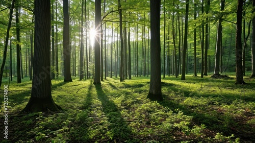  the sun shines through the trees in a forest filled with green grass and tall, thin, thin trees.