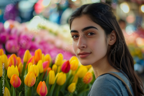 A young beautiful girl chooses tulips on a hand as a gift for her mother, concept for a postcard for World Women's Day