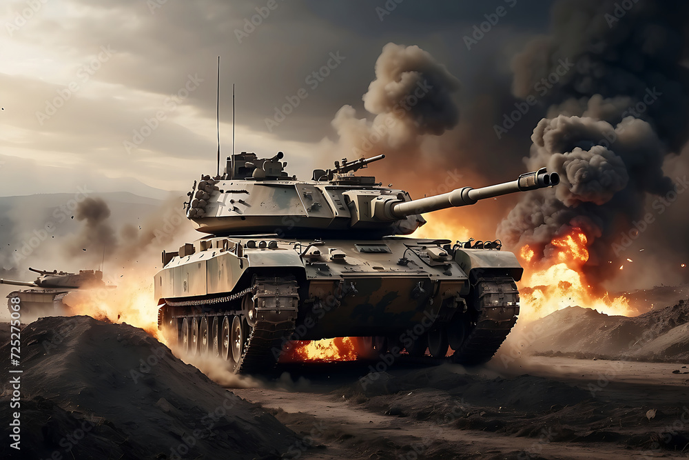 An armored tank is moving forward on the battlefield, Bombs and explosions in the background, Fire smoke and ash everywhere, wallpaper background