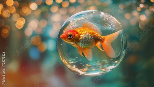 Vibrant goldfish swimming in a transparent bubble against a bokeh light background, depicting concepts of freedom and confinement photo
