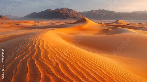  a desert landscape with sand dunes and mountains in the distance with a blue sky in the foreground and a few clouds in the distance.