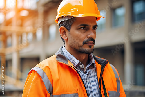 Construction engineer standing and watching building construction. Wearing a helmet and orange safety jacket. Blurred background