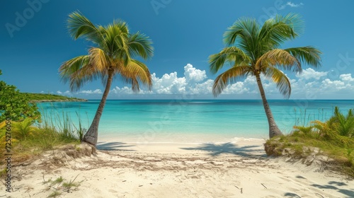  a couple of palm trees sitting on top of a sandy beach next to a body of water with clouds in the sky. © Olga