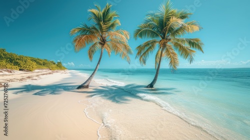  a couple of palm trees sitting on top of a beach next to a body of water on a sunny day.