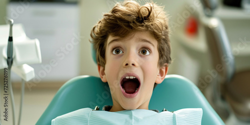 Teenager boy in dentistry. People treatment teeth, medical checkup concept. Teenage chind scared shocked with open mouth sitting in dentist's chair while having oral care look into camera
