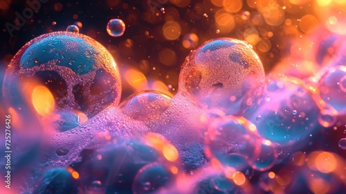  a group of bubbles floating on top of a blue and pink liquid filled body of water with bubbles floating on top of it.