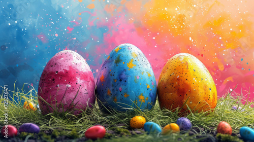 Hand-Painted Eggs Amongst Vivid Splatter, Artistic Easter Celebration