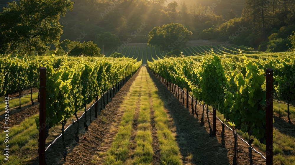  the sun shines on a vineyard with rows of vines in the foreground and a row of trees in the background.