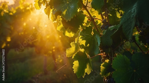  the sun shines through the leaves of a vine in the foreground, while the sun shines through the leaves in the background.