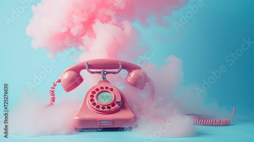  a pink phone with smoke coming out of it on a blue background with a pink bubble coming out of it. photo