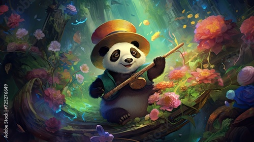 A joyful panda magician conjuring an array of colorful flowers from bamboo.