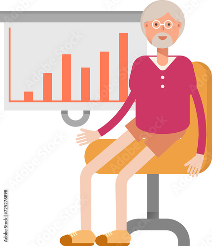 Old Man Character Presenting Bar Chart  © bigpa