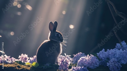  a rabbit sitting in the middle of a field of purple and white flowers with rays of light coming from behind it.