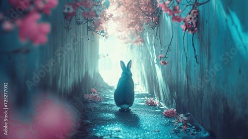  a rabbit standing in the middle of a tunnel with pink flowers on either side of it and a blue sky in the background.