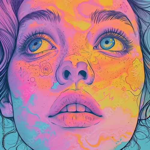 A square portrait of a girl in neo-pop art style. A woman's face in pastel colors, stylized image, modern style