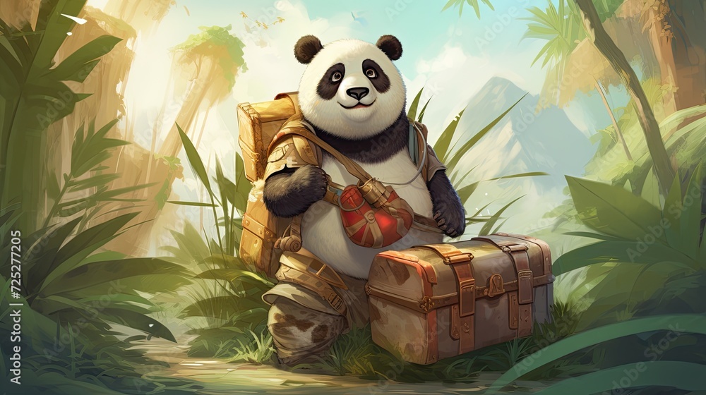Naklejka premium A panda explorer mapping out a bamboo-filled jungle adventure.