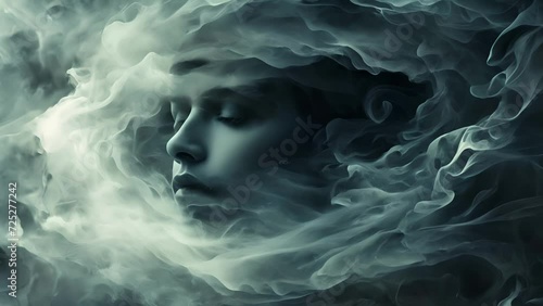 Surreal monochrome portrait of a woman's face emerging from swirling smoke, representing concepts of dreams, the ethereal, and the intangible photo