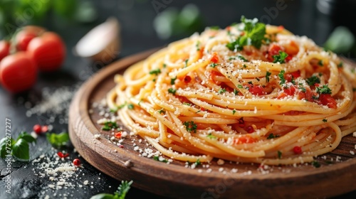  a plate of spaghetti with tomatoes and parmesan cheese on a wooden plate next to tomatoes and parmesan sprinkles.