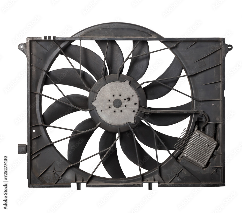 Car cooling fan with plastic blades radiator fan on white background. Car thermal clutch. Radiator fan cooling on white background. Car cooling fan with plastic blades radiator fan on white background. Car thermal clutch. Radiator fan cooling on white background.