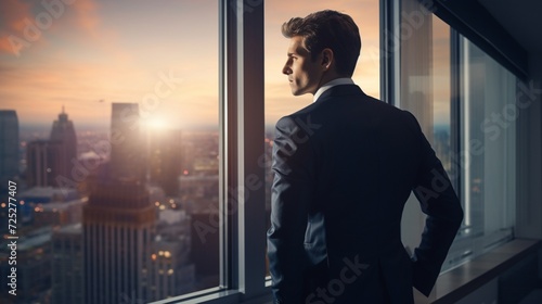A businessman in a tailored suit looking thoughtfully out of a high-rise office window
