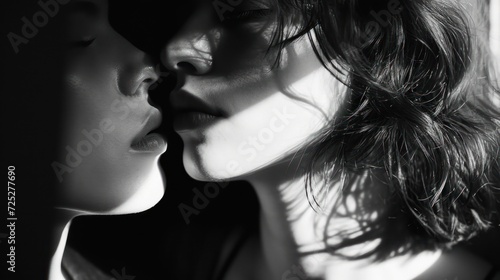  a black and white photo of a woman kissing another woman's head with her eyes closed and her hair blowing in the wind.