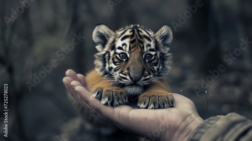  a hand holding a small tiger cub in the palm of it s owner s outstretched hand in front of a wooded area.
