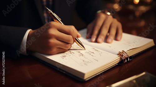 A close-up of a businessperson's hand writing in a planner with a luxury fountain pen