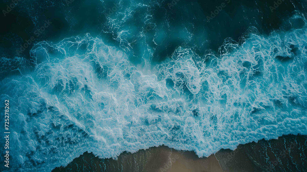 Amazing aerial view of emerald green sea, small white sand beach with perfect nature and white foamy waves crashing on the shore on a sunny day. Amazing aerial view of emerald green sea, small white sand beach with perfect nature and white foamy waves crashing on the shore on a sunny day.