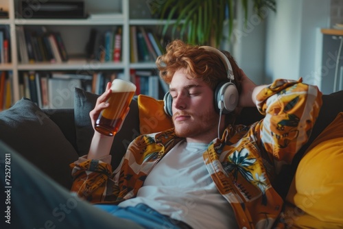 Young man relaxing and drinking a cold beer while listening to music in living room
