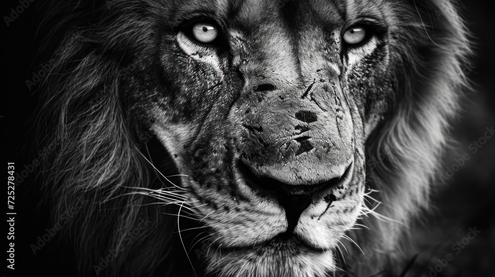  a black and white photo of a lion's face with a sad look on it's left eye.