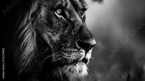  a black and white photo of a lion's face with a blurry background of grass in the foreground.