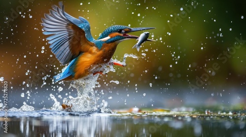  a blue and orange bird with a fish in it's mouth in a body of water with drops of water around it.