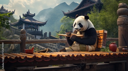 A panda musician playing bamboo panpipes, creating melodies that soothe the soul. photo