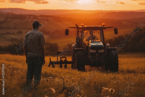 A man standing in a field next to a tractor photo