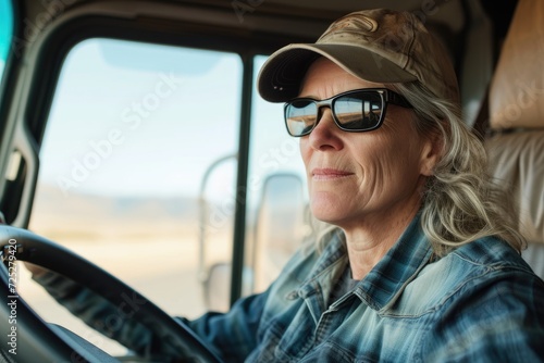 Middle aged female truck driver on the road
