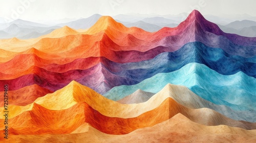  a painting of a multicolored mountain range with a white sky in the background and a blue sky in the foreground.